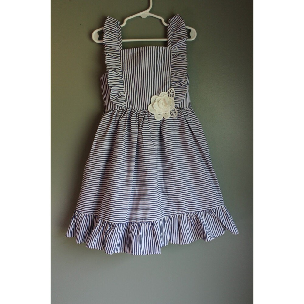Rare Editions Blue White Striped Dress Girls Size 5 Fit and Flare